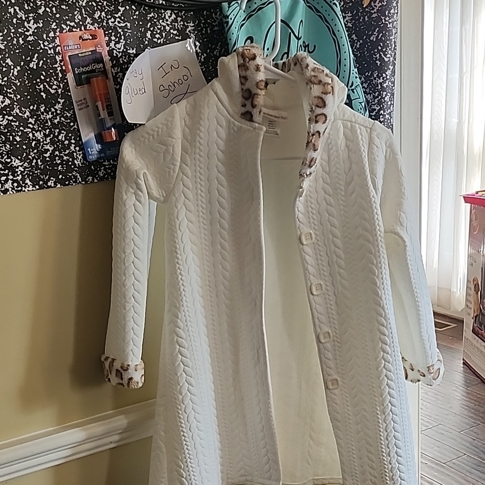 Little girls White Cable Knit Sweater with Leopard Trim